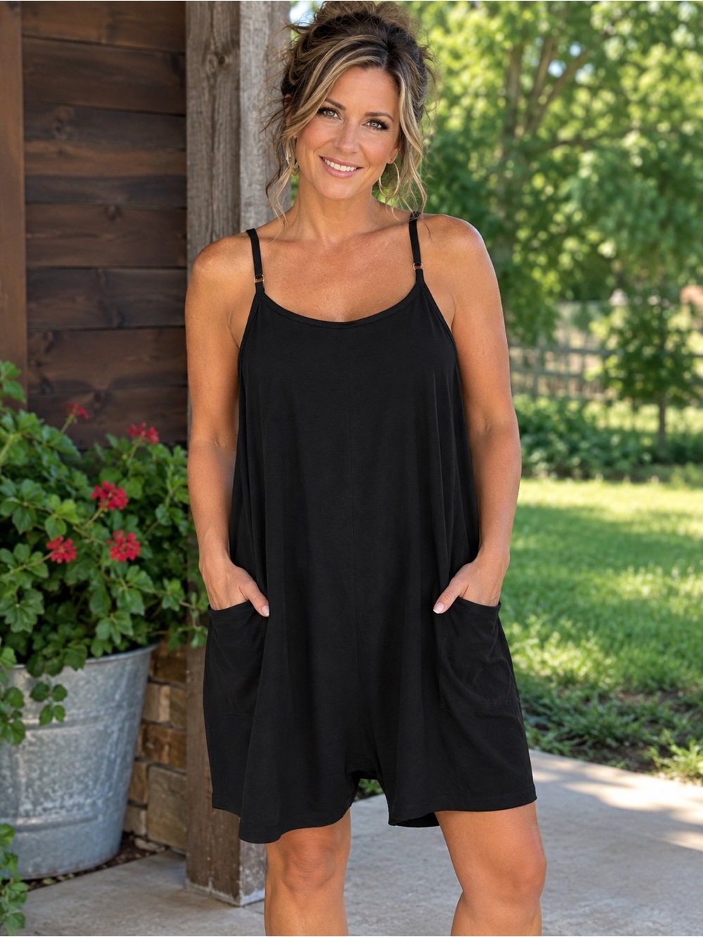 Black Adjustable-Strap Swing Romper Swim Cover-Up